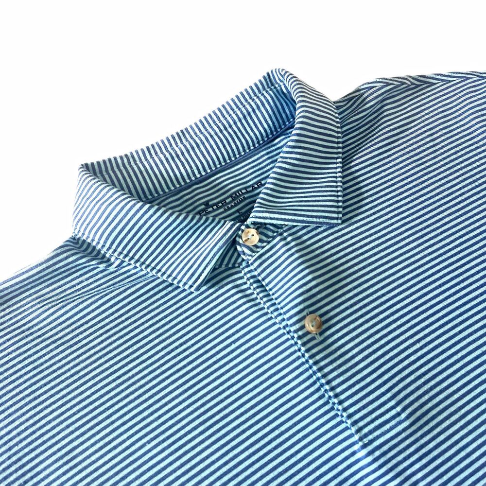 Peter Millar Seaside Men's Striped Monochrome Blue Polo Shirt Short Sleeve Sz L